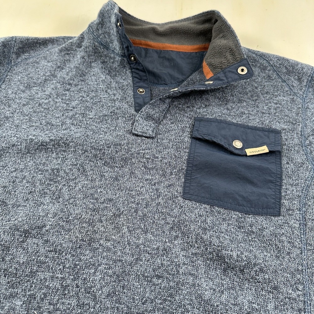 WOOLRICH Mens Medium Drifter Fleece‎ Sweater Heather Blue 1/4 Snap Jacket